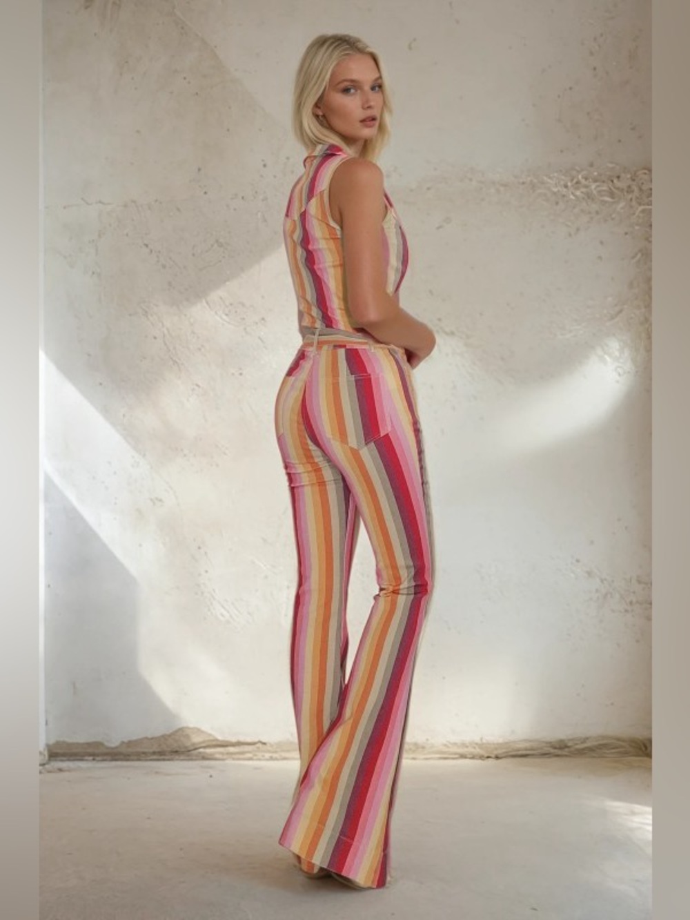 🌈 Retro 70s Vibes Striped Flare Jumpsuit – Sunset Multi-Color Boho Chic! - Picture 5 of 9